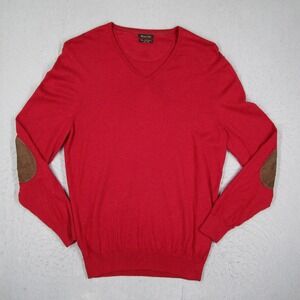 Massimo Dutti Mens Red Cotton Silk Cashmere V-Neck Sweater Elbow Patches L